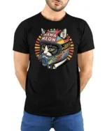 Retro Wawa Meow Biker Cat Motorcycle Graphic Tshirt - model wearing black tee with hands behind back
