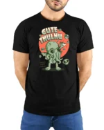 Adorable Cthulhu World Destroyer Mythical Graphic Tshirt - model wearing black tee with hands behind back