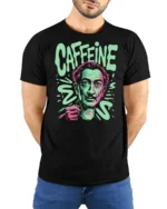 Trippy Salvador Dali Caffeine Addict Surreal Artist Tshirt - model wearing black tee with hands behind back