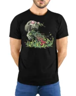 Gory Cyber Skull Toxic Sludge Circuit Board Tshirt - model wearing black tee with hands behind back