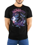 Frightful Doctor Dolphinstein Mad Scientist Graphic Tshirt - model wearing black tee with hands behind back