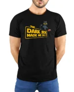 Funny Dark Side Black Cat Spilling Coffee Graphic Tshirt - model wearing black tee with hands behind back