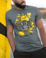Cool Vaping Ape Disc Golf Champion Retro Graphic Tshirt - model wearing grey tee, leaning on column