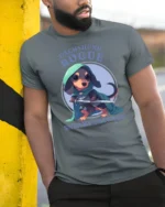 Cute Dachshund Rogue Sneaky Sausage Fantasy RPG Tshirt - model wearing grey tee, leaning on column
