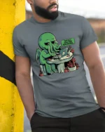 Funny Cthulhu This Call Could Have Been An Email Tshirt - model wearing grey tee, leaning on column