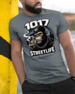 Urban Chimp Streetlife 1017 Hip Hop Music Graphic Tshirt - model wearing grey tee, leaning on column