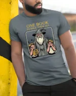 Funny Wizard Lord Of The Dad Jokes Fantasy Graphic Tshirt - model wearing grey tee, leaning on column