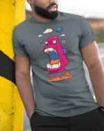 Fun Space Ape Screaming Pink Gorilla Graphic Tshirt - model wearing grey tee, leaning on column
