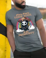 Funny Cowboy Grim Reaper Hippity Hoppity Soul Tshirt - model wearing grey tee, leaning on column