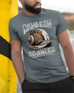 Funny Snail Dungeon Crawler Slow Campaign Graphic Tshirt - model wearing grey tee, leaning on column