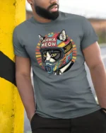 Retro Wawa Meow Biker Cat Motorcycle Graphic Tshirt - model wearing grey tee, leaning on column