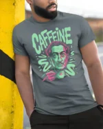 Trippy Salvador Dali Caffeine Addict Surreal Artist Tshirt - model wearing grey tee, leaning on column