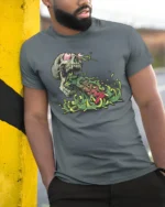 Gory Cyber Skull Toxic Sludge Circuit Board Tshirt - model wearing grey tee, leaning on column