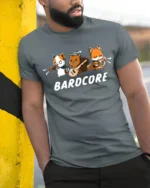 Funny Bardcore Animal Musicians Tabletop Gaming Graphic Tshirt - model wearing grey tee, leaning on column