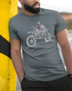 Retro Biker Dog Motocross Fun Number 13 Graphic Tshirt - model wearing grey tee, leaning on column