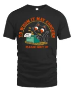 Funny Black Cat Typewriter Please Shut Up Graphic Tshirt - black t-shirt on white background
