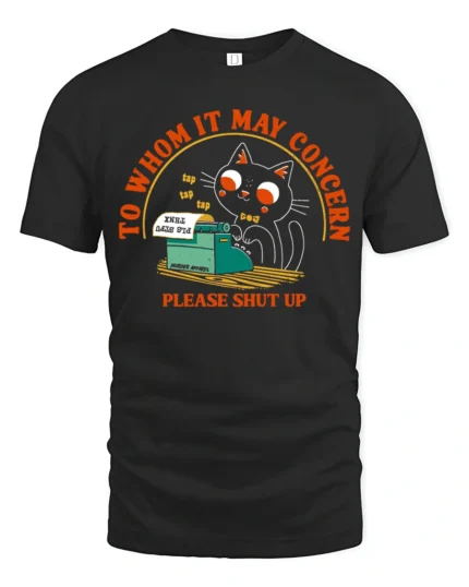 Funny Black Cat Typewriter Please Shut Up Graphic Tshirt - black t-shirt on white background