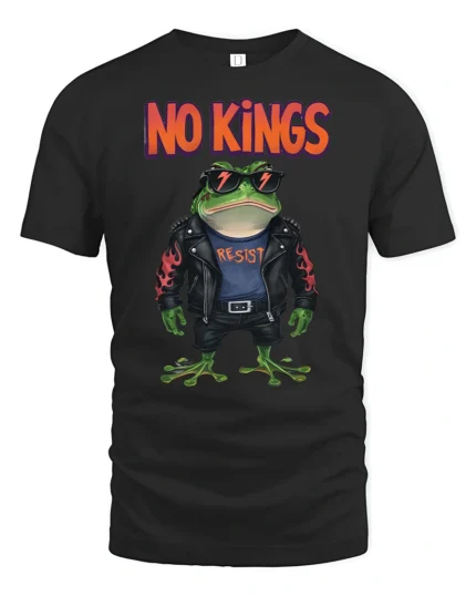 Rebel Punk Frog No Kings Resist Leather Jacket Graphic Tee - black t-shirt on white background