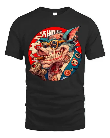 Cyberpunk Gangster Boar Smoking Cigar Graphic Tshirt - black t-shirt on white background