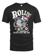 Funny Possum Riding Bicycle Rollin Free Graphic Tshirt - black t-shirt on white background
