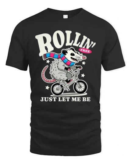 Funny Possum Riding Bicycle Rollin Free Graphic Tshirt - black t-shirt on white background
