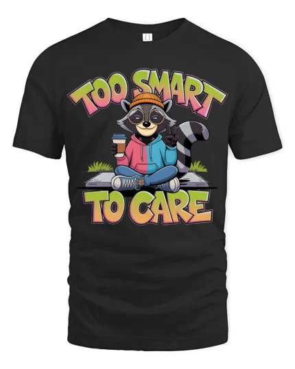 Funny Raccoon Too Smart To Care Coffee Quote Graphic Tshirt - black t-shirt on white background