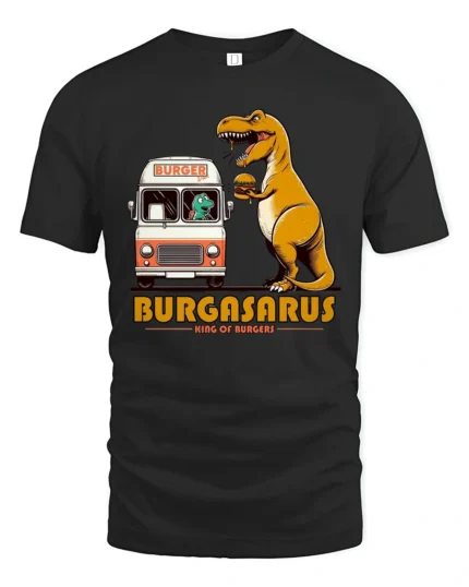 Funny Burgasarus King Of Burgers Dinosaur Graphic Tshirt - black t-shirt on white background