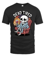 Funny Skeleton Dead Tired Bathrobe Wine Relaxing Tshirt - black t-shirt on white background