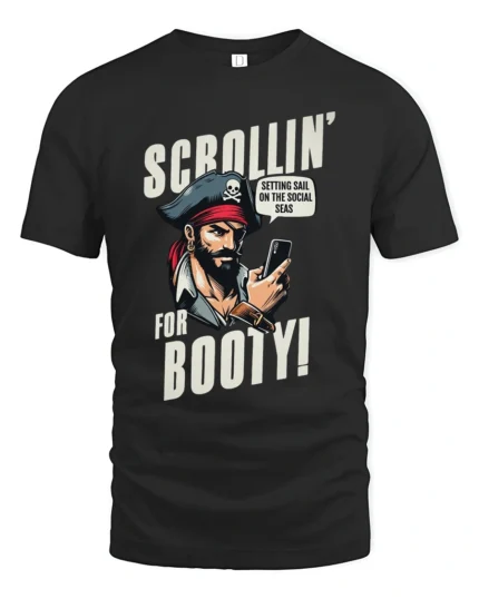 Humorous Social Seas Smartphone Pirate Sailing Graphic Tee - black t-shirt on white background