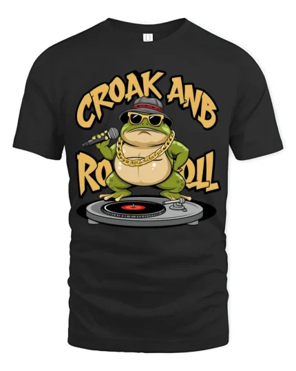 Cool DJ Frog Croak And Roll Sunglasses Graphic Tee - black t-shirt on white background