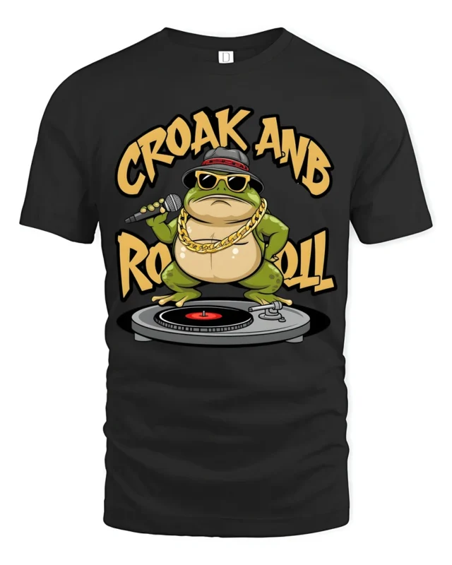 Cool DJ Frog Croak And Roll Sunglasses Graphic Tee - black t-shirt on white background