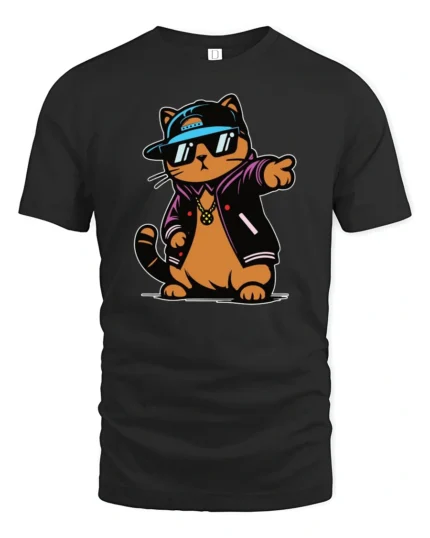 Cool Hip Hop Cat Streetwear Varsity Jacket Graphic Tshirt - black t-shirt on white background