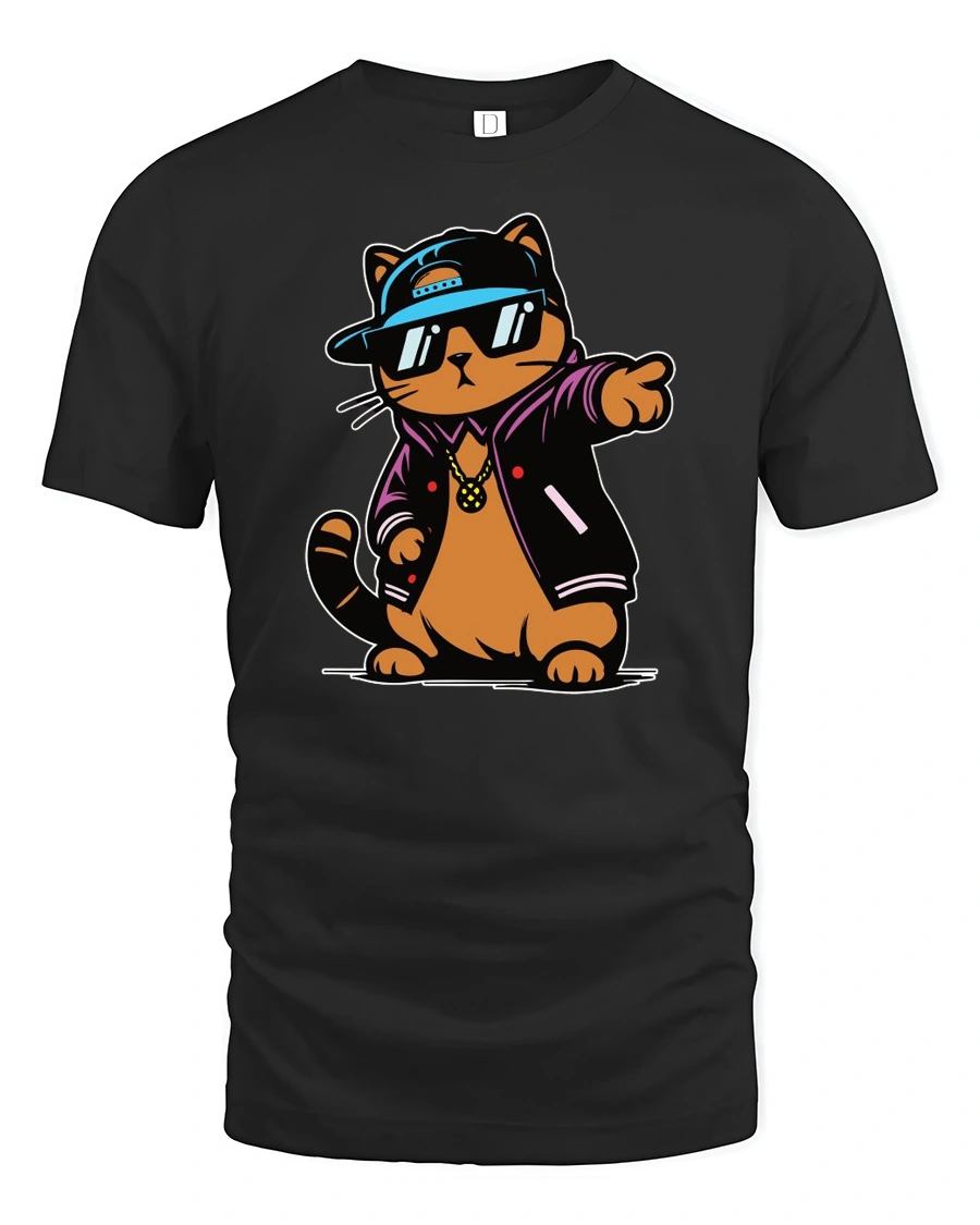 Cool Hip Hop Cat Streetwear Varsity Jacket Graphic Tshirt - 1 Cool Hip Hop Cat Streetwear Varsity Jacket Graphic Tshirt - black t-shirt on white background