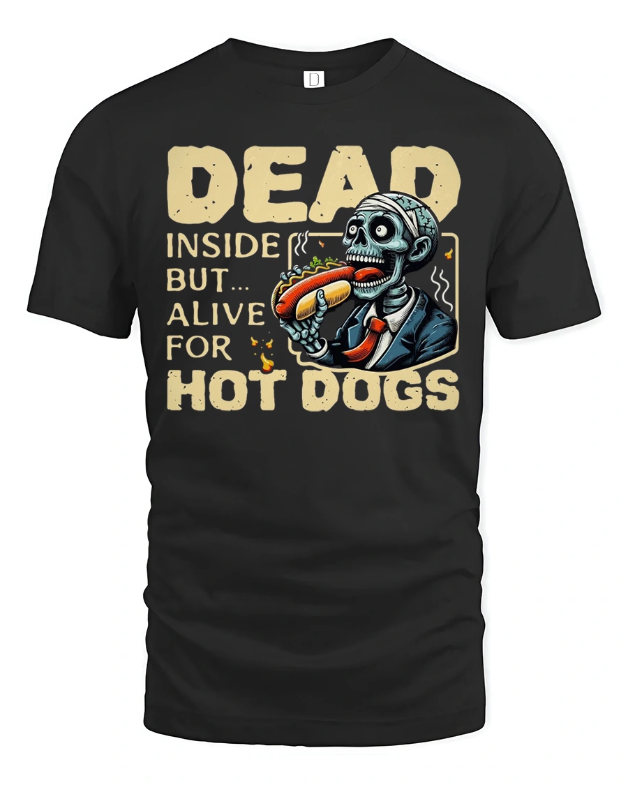Humorous Dead Inside Alive Hot Dogs Zombie Graphic Tee - 1 Humorous Dead Inside Alive Hot Dogs Zombie Graphic Tee - black t-shirt on white background