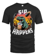 Funny Boba T Rex Sip Happens Dinosaur Graphic Tshirt - black t-shirt on white background