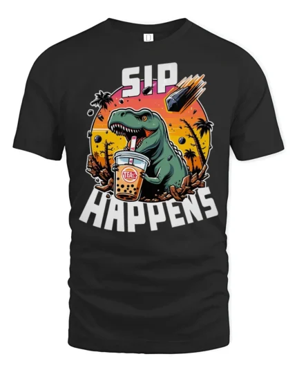 Funny Boba T Rex Sip Happens Dinosaur Graphic Tshirt - black t-shirt on white background