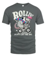 Funny Possum Riding Bicycle Rollin Free Graphic Tshirt - gray t-shirt on white background