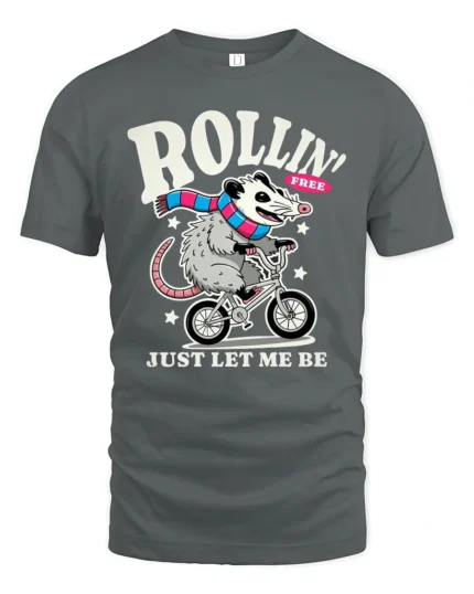Funny Possum Riding Bicycle Rollin Free Graphic Tshirt - gray t-shirt on white background