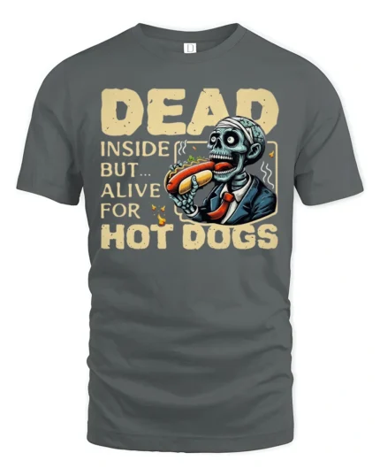 Humorous Dead Inside Alive Hot Dogs Zombie Graphic Tee - gray t-shirt on white background