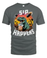 Funny Boba T Rex Sip Happens Dinosaur Graphic Tshirt - gray t-shirt on white background
