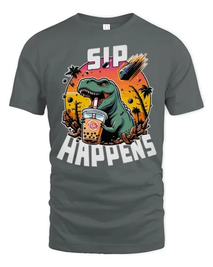 Funny Boba T Rex Sip Happens Dinosaur Graphic Tshirt - gray t-shirt on white background