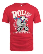 Funny Possum Riding Bicycle Rollin Free Graphic Tshirt - red t-shirt on white background