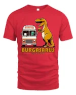 Funny Burgasarus King Of Burgers Dinosaur Graphic Tshirt - red t-shirt on white background