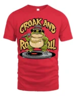 Cool DJ Frog Croak And Roll Sunglasses Graphic Tee - red t-shirt on white background