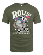 Funny Possum Riding Bicycle Rollin Free Graphic Tshirt - military green t-shirt on white background
