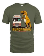 Funny Burgasarus King Of Burgers Dinosaur Graphic Tshirt - military green t-shirt on white background