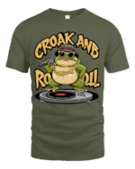 Cool DJ Frog Croak And Roll Sunglasses Graphic Tee - military green t-shirt on white background