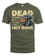 Humorous Dead Inside Alive Hot Dogs Zombie Graphic Tee - military green t-shirt on white background