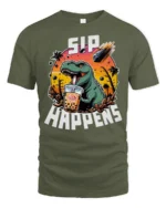 Funny Boba T Rex Sip Happens Dinosaur Graphic Tshirt - military green t-shirt on white background