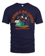 Funny Black Cat Typewriter Please Shut Up Graphic Tshirt - navy t-shirt on white background